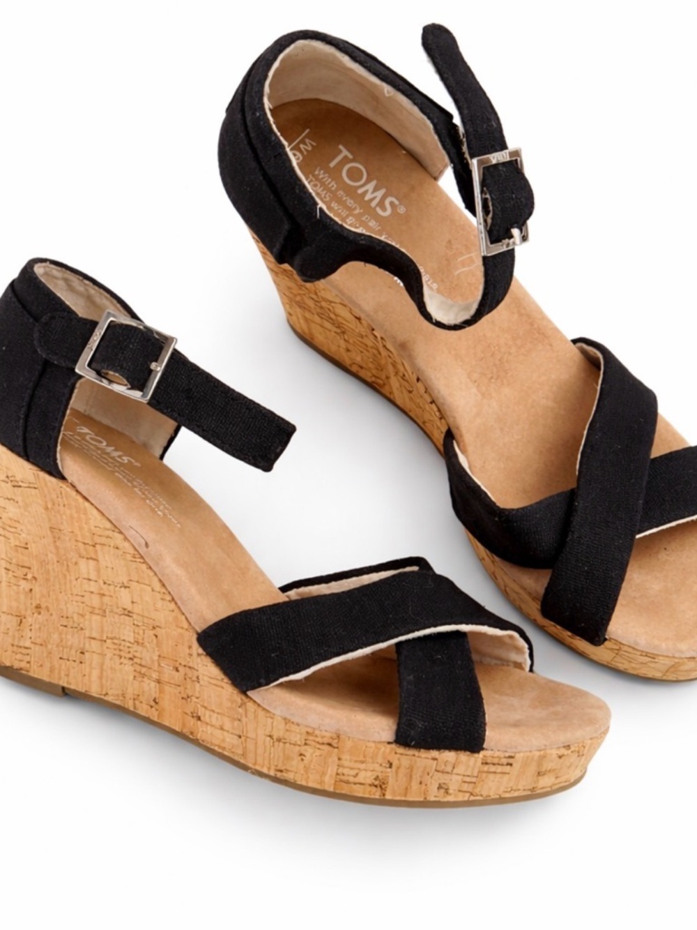 TOMS Black Canvas Wedge Sandals Ankle Strap Cork Heel Women’s 6.5